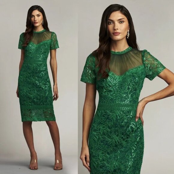 TADASHI SHOJI Terran Embroidered Sequin Embellish Midi Dress Pine Green Size 10 - Picture 1 of 5